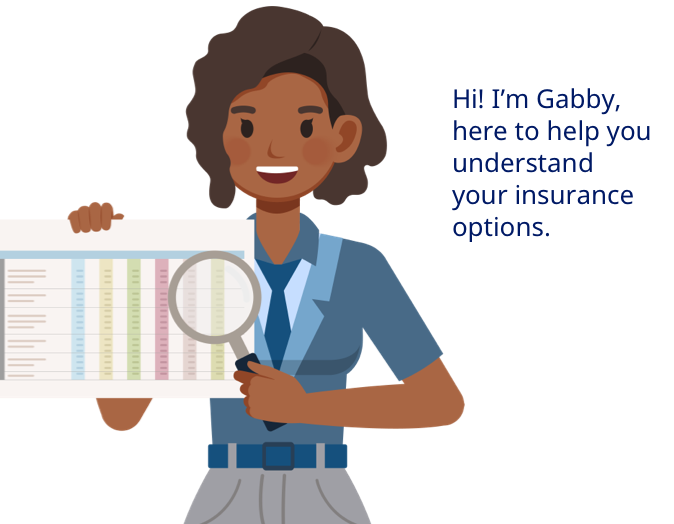 Gabby, your health insurance guide, holding a magnifying glass over a chart