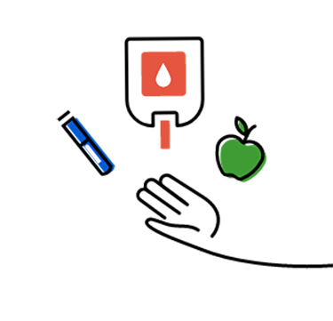 Hand holding diabetes pen, glucose monitor, and apple graphic