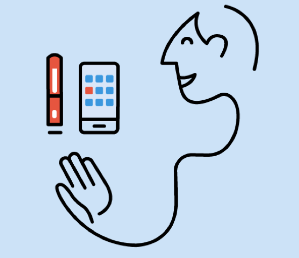 Person holding a cell phone and connected diabetes pen device icon