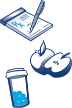 Rx pad, apple, and medicine icons